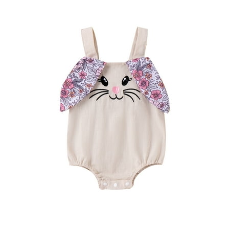 

Acuteok Baby Girl Sleeveless Romper Cute Square Neck 3D Rabbit Ear Flower Print Overalls Infant Toddler Easter Clothes