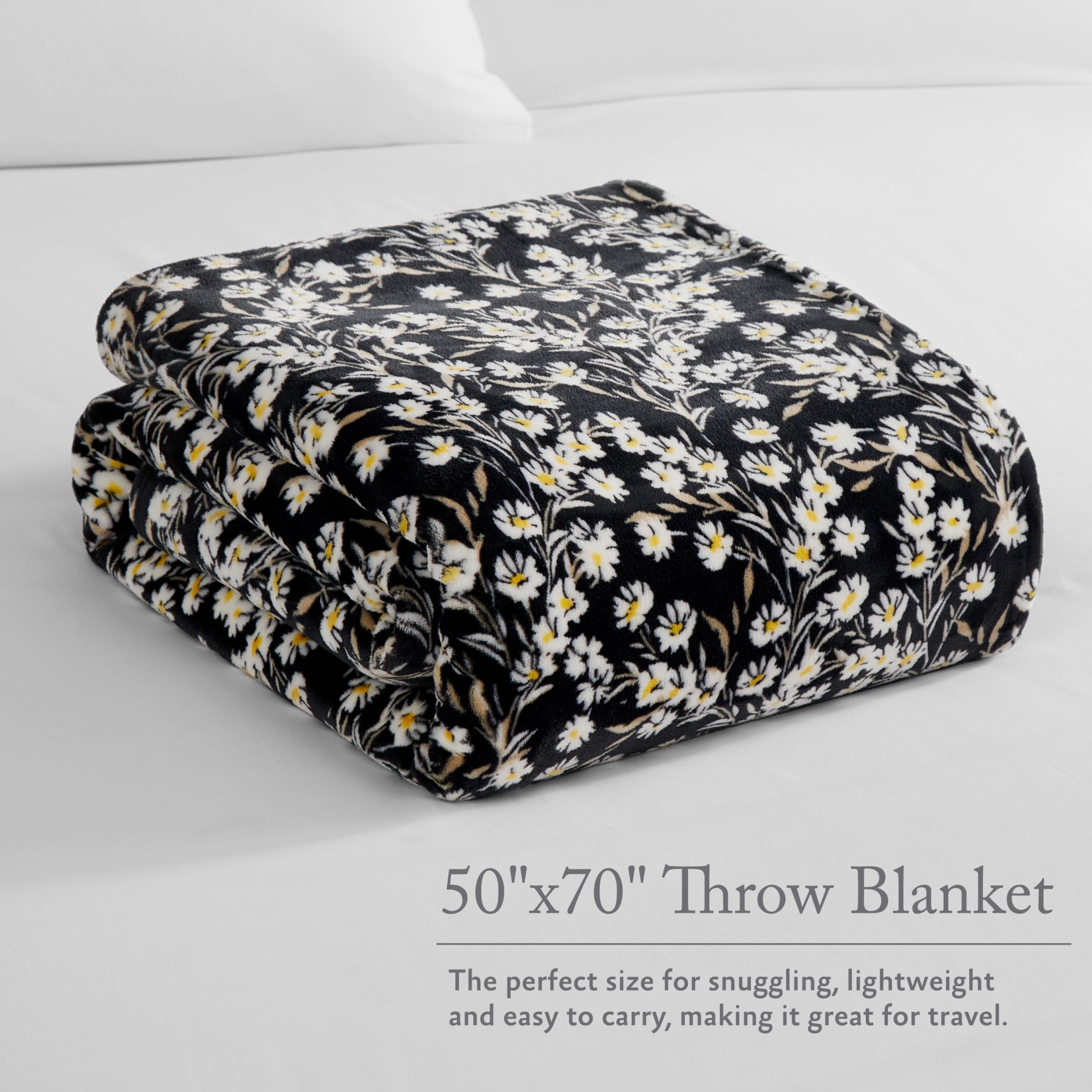Jessica Simpson Floral Plush Throw Blanket, Black, 50" x 70"