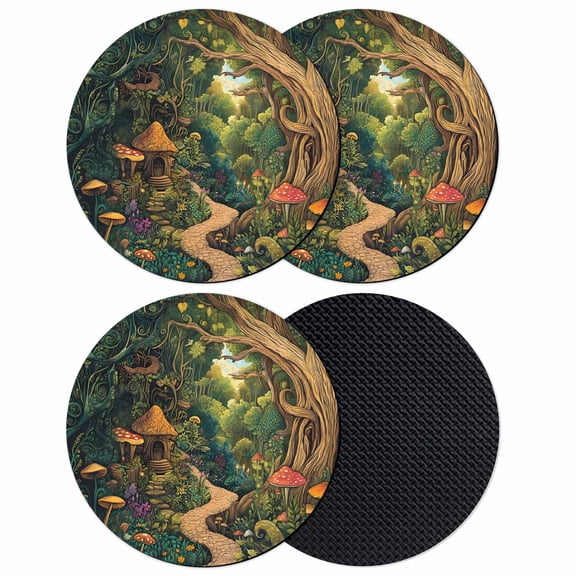 Forest Coasters Set of 4, Vintage Cottage Mushroom Tree Floral Green Absorbent Coasters for Drinks, Coaster for Bar Office Dining Coffee Table Accessories Decor, Non Slip Round Desk Coaster