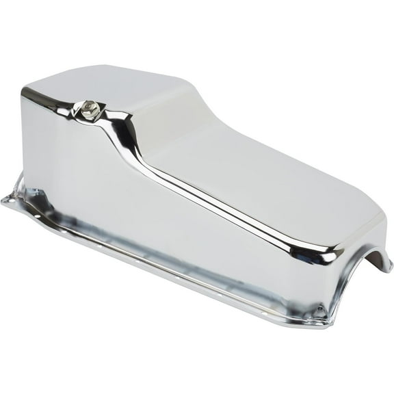 Speedway Motors Chrome Oil Pan for 1986 and Newer SBC with Passenger Side Dipstick, Rear Sump Wet Sump Steel Pan, 1 Piece Rear Main Seal, 5 Quart Pan Depth of 7 1/4