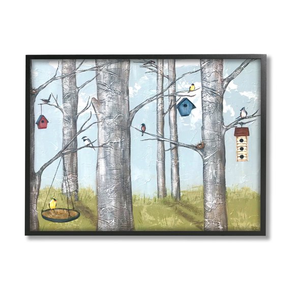 Stupell Industries Birdhouses Woodland Birch Trees Animals & Insects Painting Black Framed Art Print Wall Art