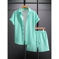 thumbnail image 2 of Men'S Waffle Knit 2-Piece Outfit with Button Down Shirt and Shorts for Summer Emerald XL, 2 of 6