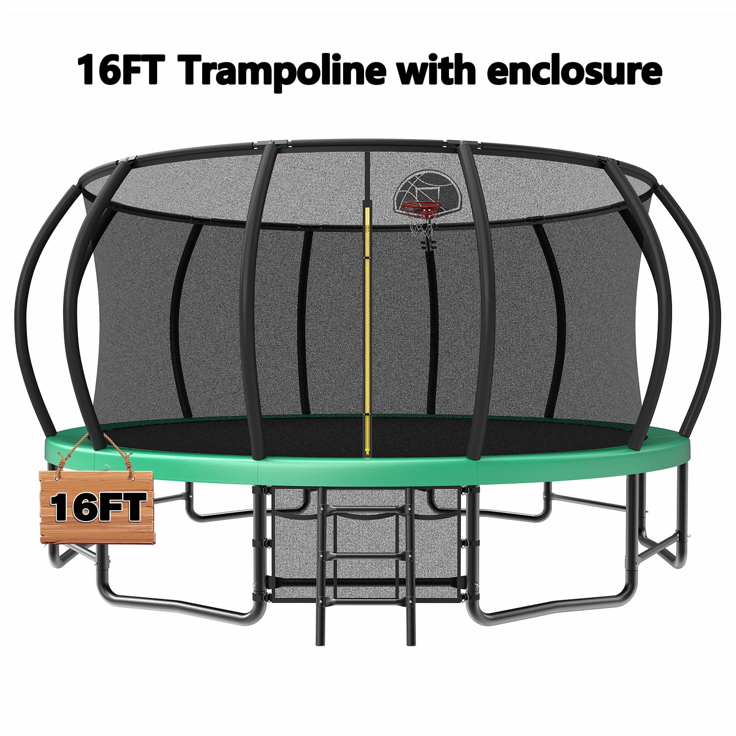 Leumius 16FT Trampoline with Enclosure Net,Outdoor Heavy Duty Pumpkin Trampolines with Curved Poles,Recreational Trampolines with Ladder and Basketball Hoop for Kids and Adults,Green