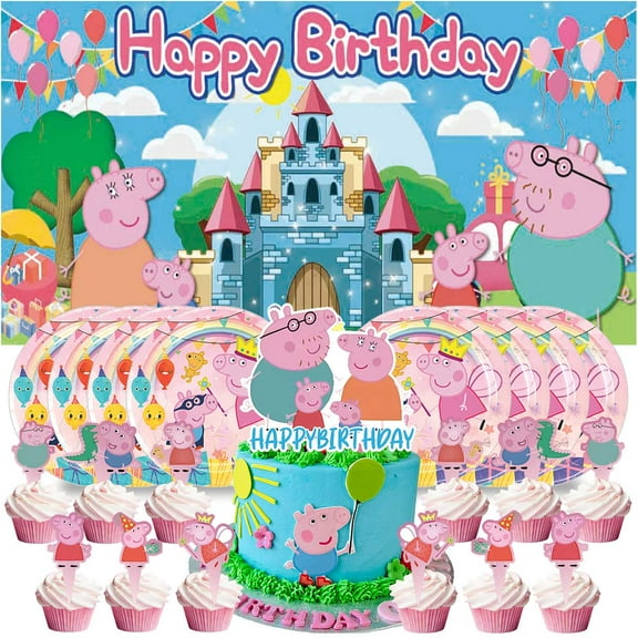 Peppa Pigs Plates Birthday Supplies Decorations Decor Backdrop Banner Cake Topper Fans