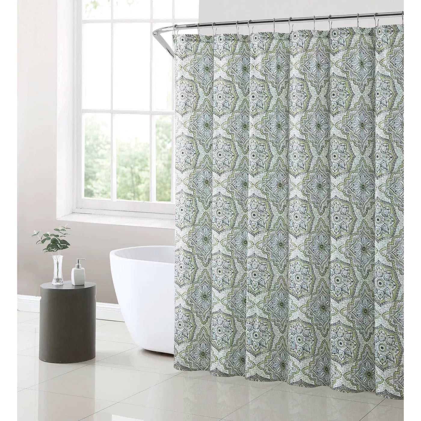 Fabric Shower Curtain Sage, Gray, Blue, and White Medallion Design 70IN ...