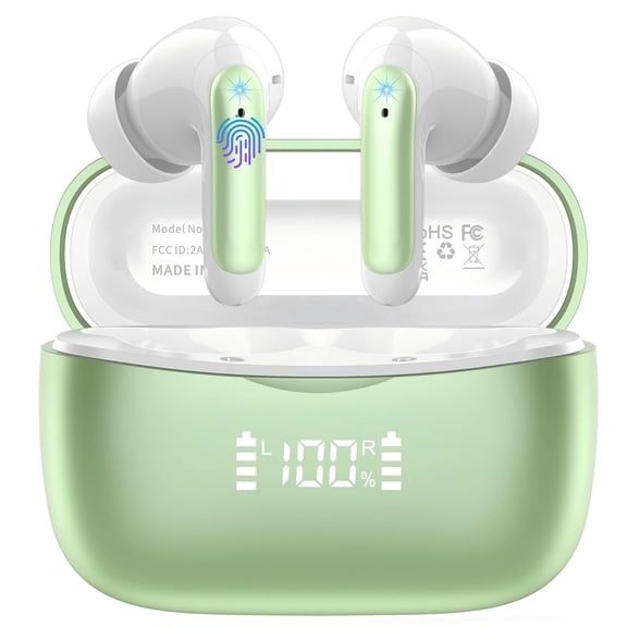 WeurGhy Earbuds Wireless Bluetooth Noise Cancelling for iPhone Android Sports Workout, 56H Playtime Waterproof LED Display in Ear Headphones, Green