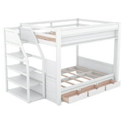 Euroco Wood Full Bunk Bed or Full over Futon with Shelf and Drawers for Kids Teens, Covertible into Daybed for Living Room, White