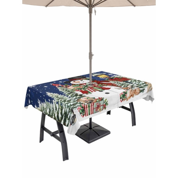 Outdoor Tablecloth with Umbrella Hole and Zipper, Navy Blue Christmas Rectangle Table Cloth 60x120 Inch Waterproof Tablecloth, Snowman Xmas Snowflake Botanical Tree Picnic Table Cover for Patio