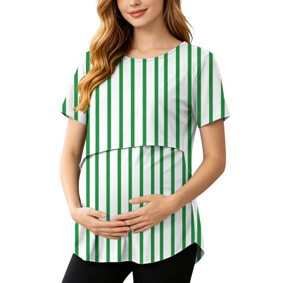 Ohufall Pregnant Womans T-shirts Striped Breastfeeding Maternity Tops Short Sleeve Breathable Casual Lactation Tops