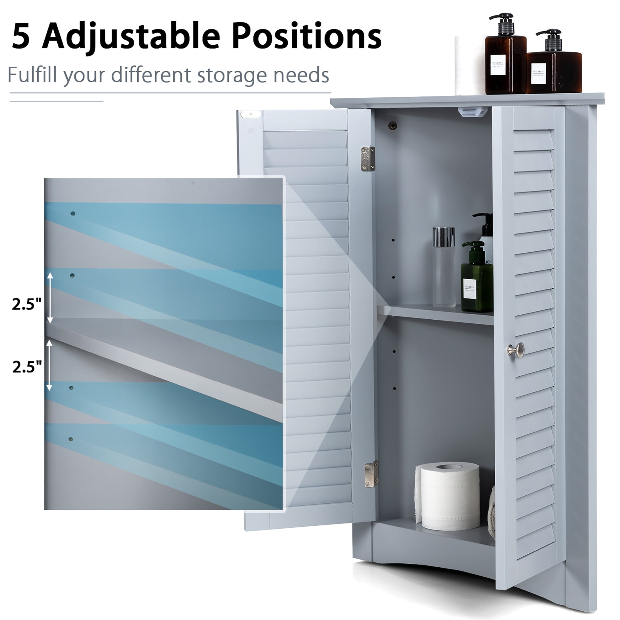 Corner Storage Cabinet Freestanding Floor Cabinet Bathroom w/ Shutter Door Grey