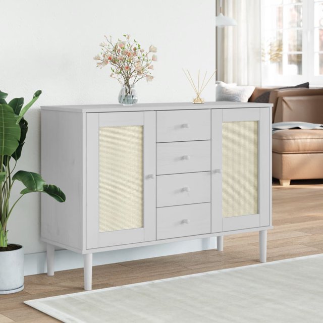 vidaXL Sideboard Senja Rattan Look White 112x40x80 cm Solid Wood Pine 0 Shelves