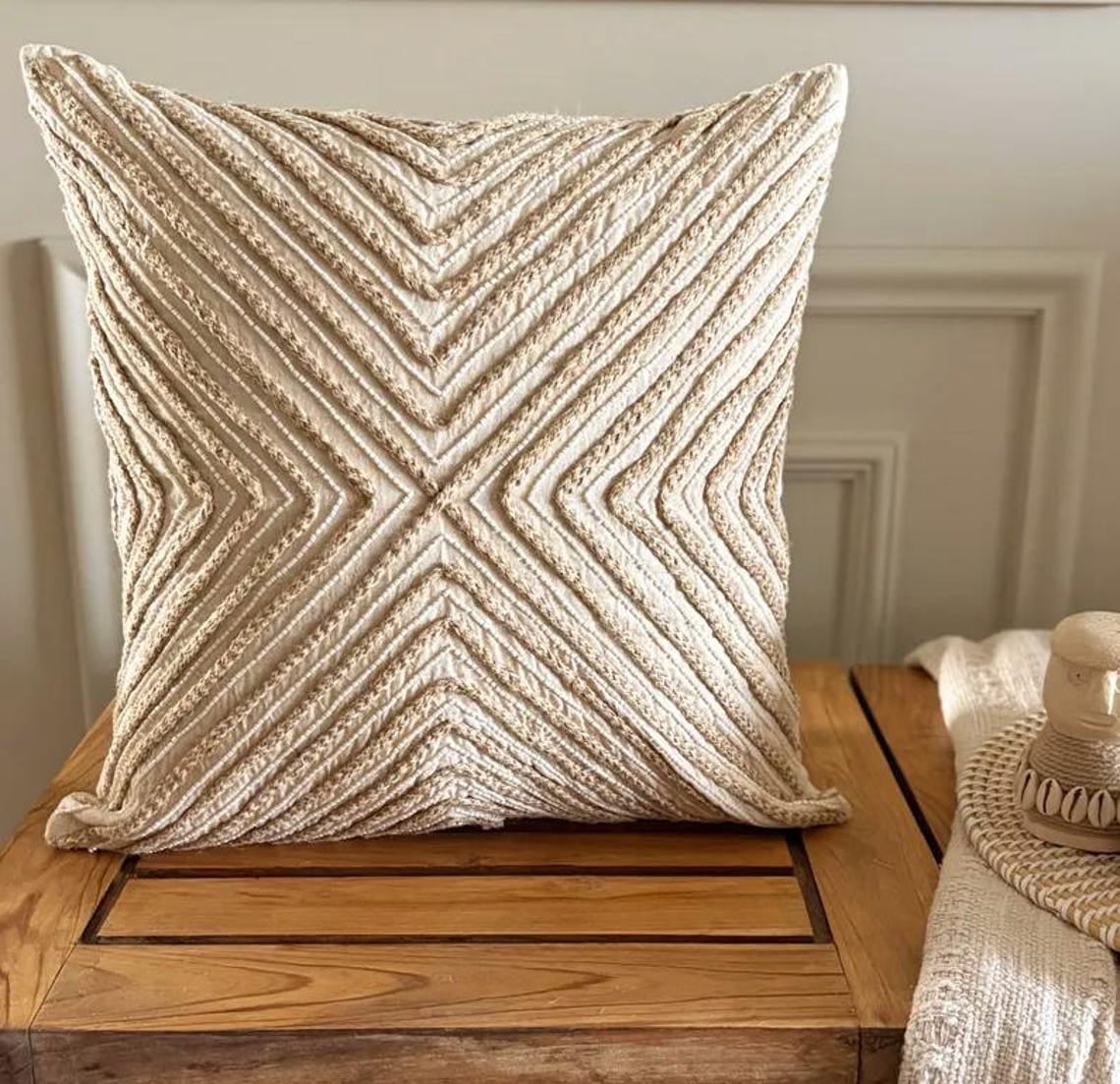 The HomeCentric Decorative Beige 14"x14" (35x35 cm) Throw Pillows, Linen Lace & Jute Throw Pillows For Couch, Geometric Pattern Modern Style - Jutee Love