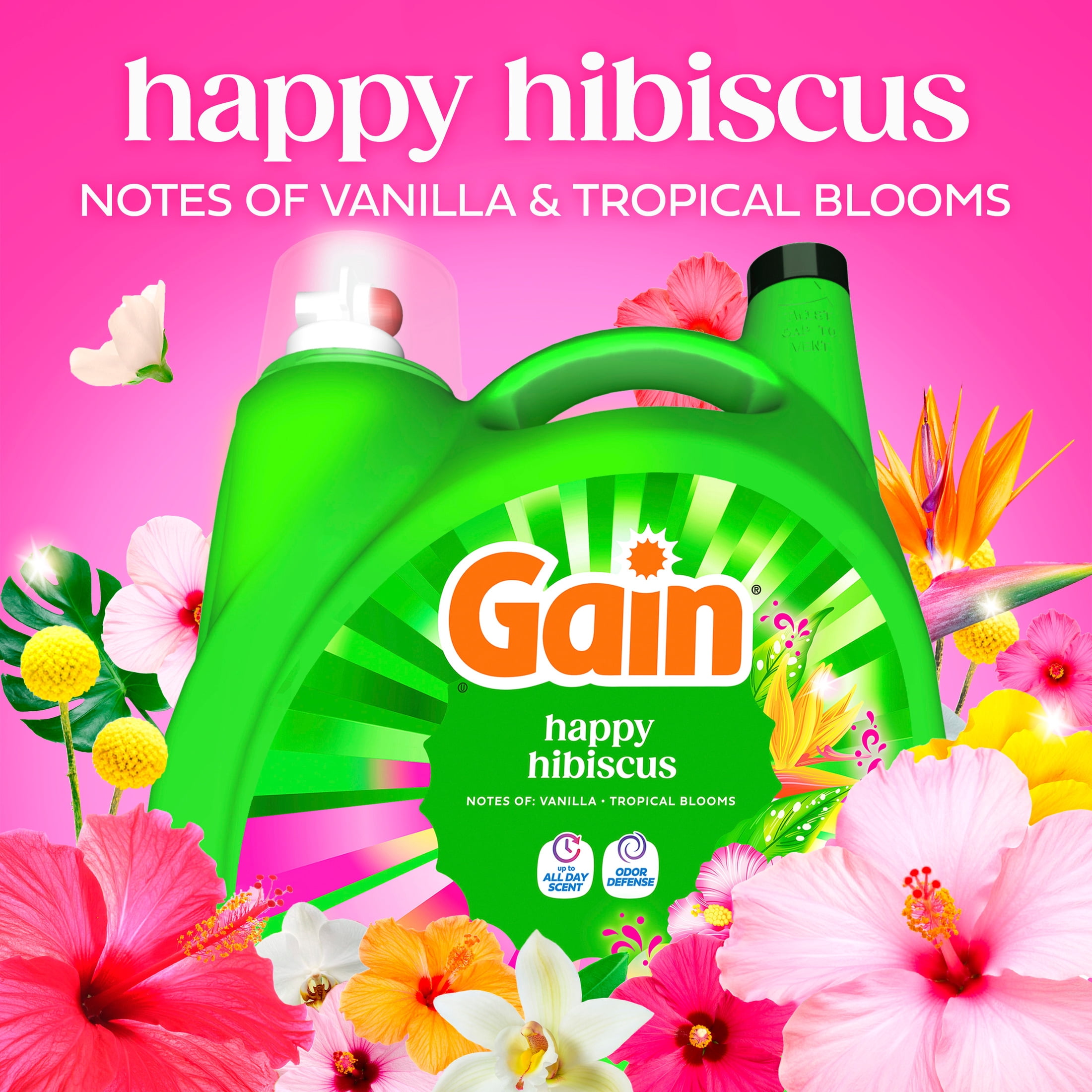 (4 pack) Gain Laundry Detergent Liquid, Now with Odor Defense, Happy Hibiscus Scent, 132 fl oz, 100 Loads