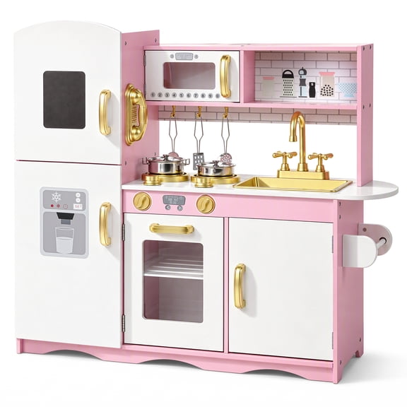 AILEEKISS Kids Play Kitchen Set, Wood Kitchen Playset for Toddler with Accessories, Gold Pink
