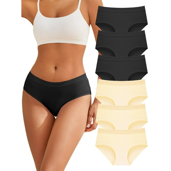 Buankoxy Women's Cotton Underwear Mid Waisted Briefs Stretch Full Coverage Panties 6 Pack, Size 5