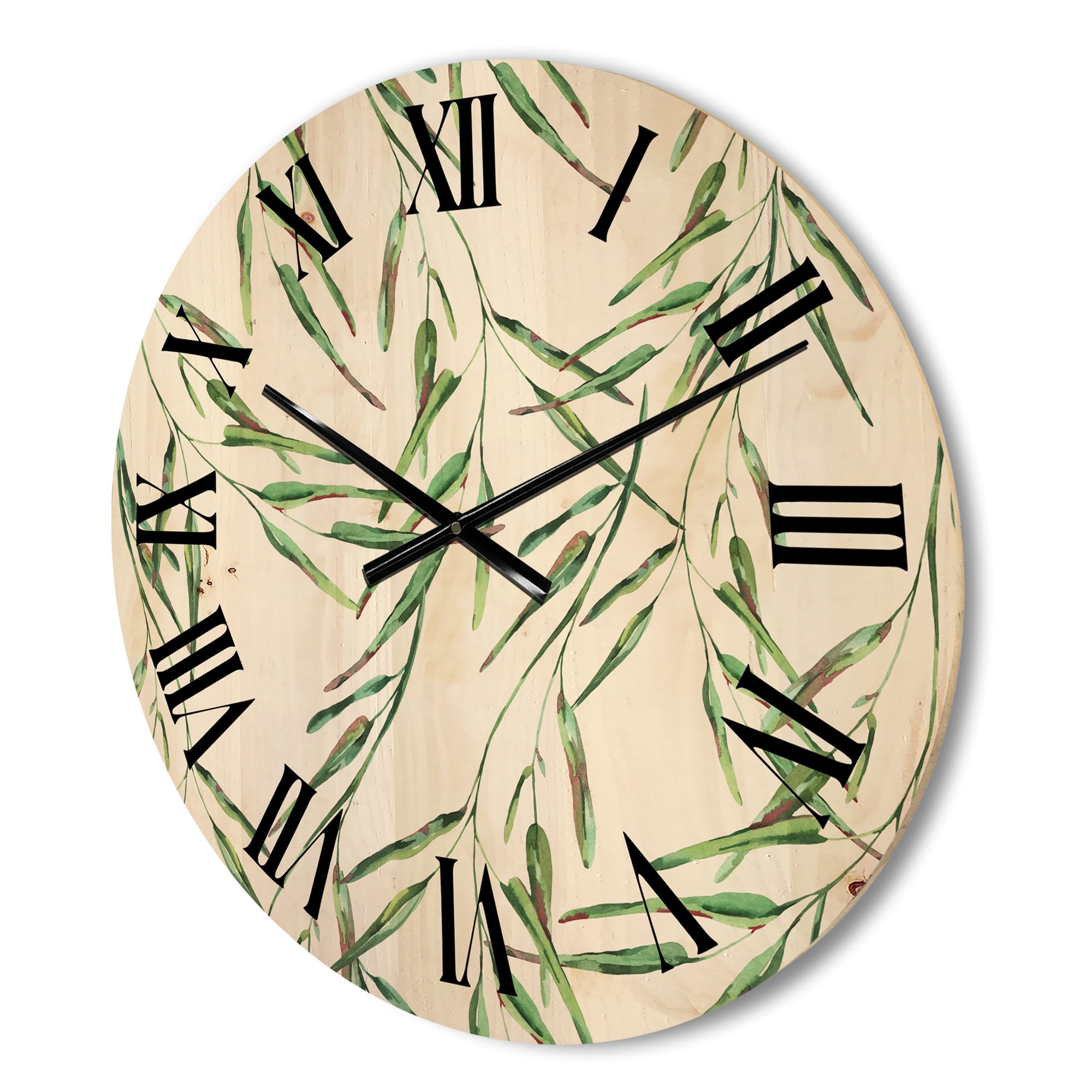 Designart 'Tropical Green Leaves On White In Summer Times II' Tropical Wood Wall Clock
