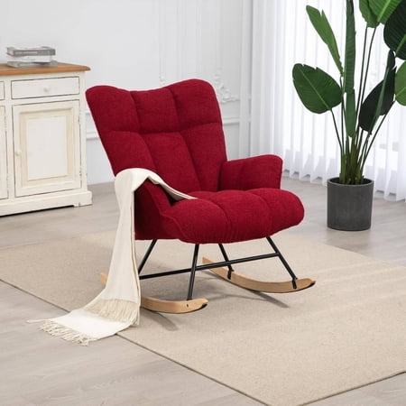 Upholstered Fluffy Glider Rocking Chair for Adults, Sherpa Fabric Nursery Rocker, Burgundy, for Living Room, Bedroom, or Classroom