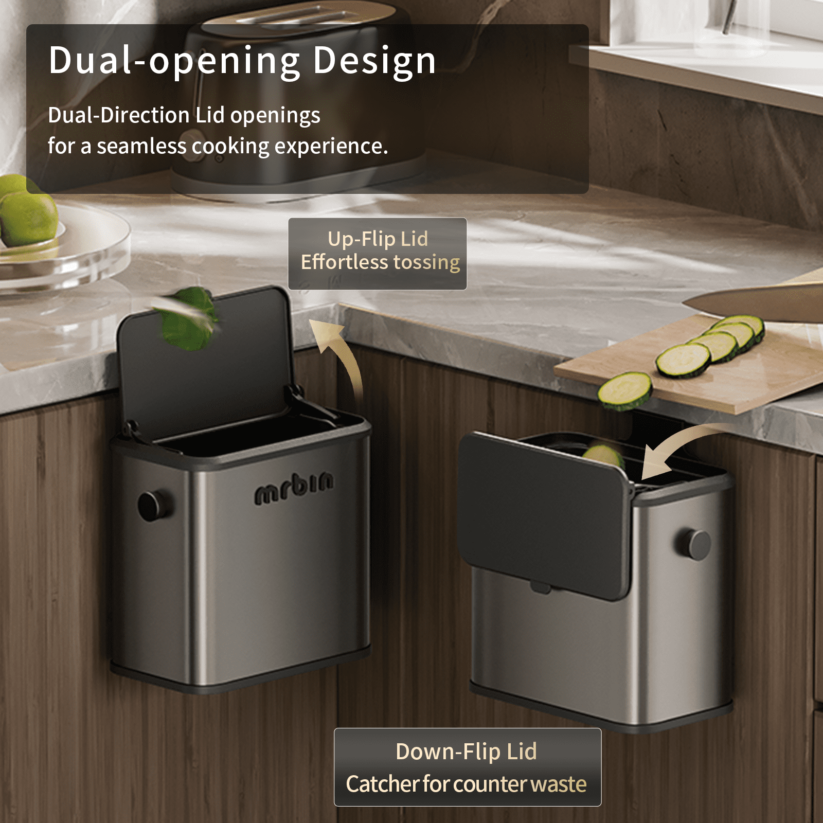 Mrbin Stainless Steel Compost Bin Hanging Trash Can for Kitchen Cabinet Door, 1.5gal / 6L Indoor Recycle Basket Countertop Food Waste Bin Under Sink with Inner Bucket Recycle Bin