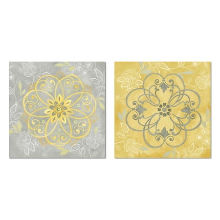 Jacobean Floral Print - Lovely Yellow and Grey Jacobean Damask Floral Patterned Print Set; Two 12x12in Paper Posters