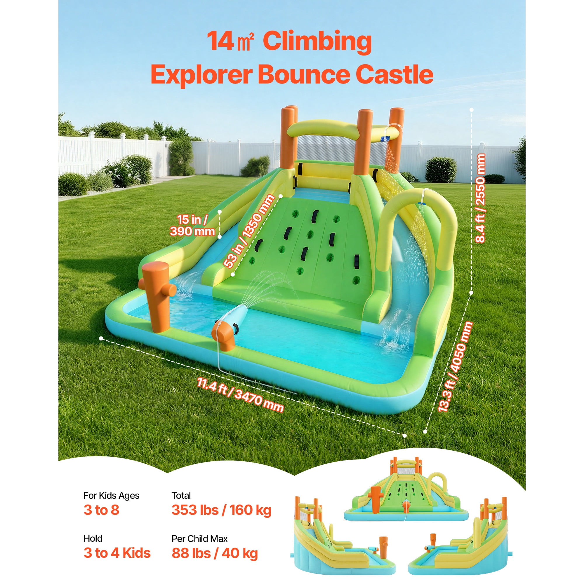 KFFKFF Inflatable Bounce House with Water Slide, 13.3 x 11.4 x 8.4 ft Play Castle Featuring Climbing Wall, Dual Slides, Splash Pool, and Mini Soccer Area for 3-4 Kids Aged 3-8