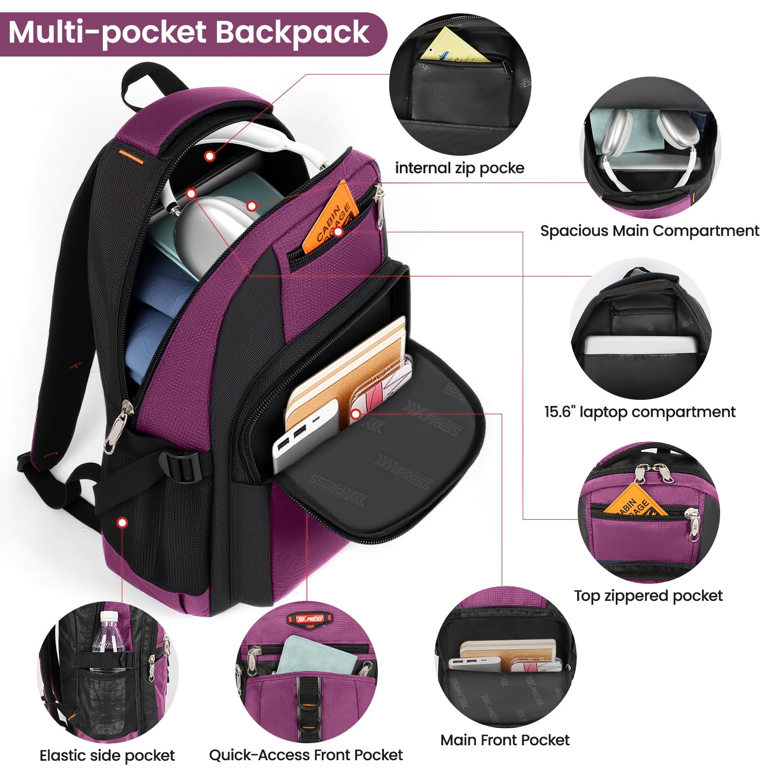 Travel Backpack for Men Women Water-resistant Multi-Pocket Bag Lighweight Casual Work Hiking Daypack School Bookbag, Purple, BP8017