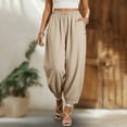 thumbnail image 3 of Lovzfmll Jogger Pants for Women, Summer Linen Solid Color Straight with Pockets & Elastic Waist, Loose Fit Casual Bottoms Khaki, 2XL, 3 of 7