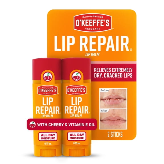 O’Keeffe’s Lip Repair Cherry Moisturizing Lip Balm with Vitamin E Oil, 0.15oz Sticks, Twin Pack