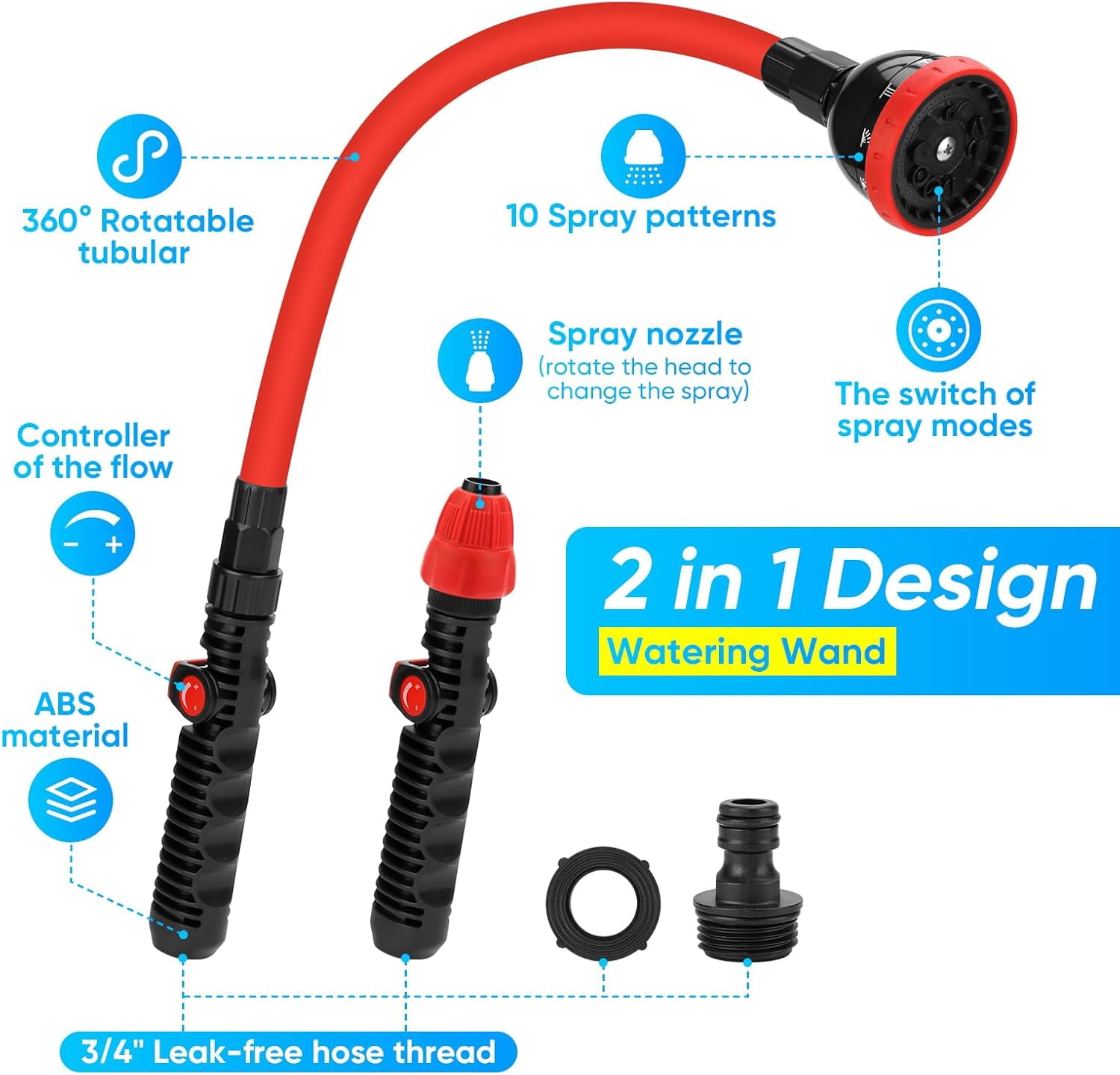 2 in 1 Bendable Watering Wand Heavy Duty, for Garden/Car Use with 10 Spray Patterns, 29In Long Hose Nozzle Sprayer,Fits 3/4” Quick Coupling/Garden Hoses
