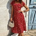 thumbnail image 2 of MORTTIC Women's Floral Print Square Neck Short Sleeve A-Line Midi with Button Detail Slit Boho Summer Dress Red，L, 2 of 5