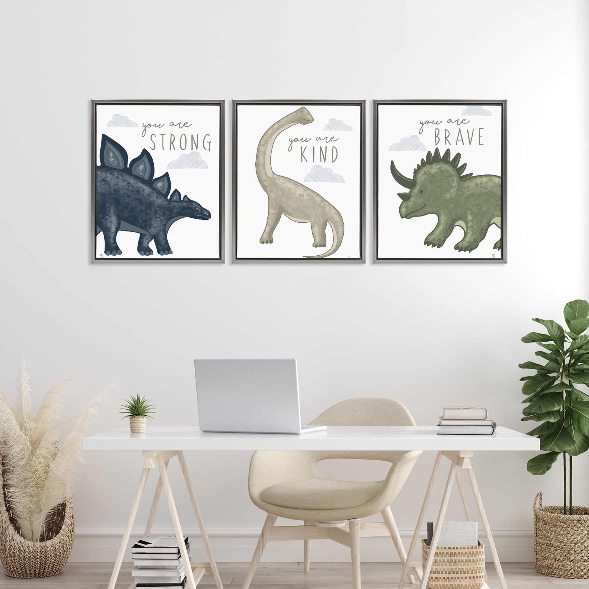 Stupell Industries Hopeful Encouraging Dinosaurs 3 Piece Gray Framed Floater Canvas Set, design by Elizabeth Tyndall