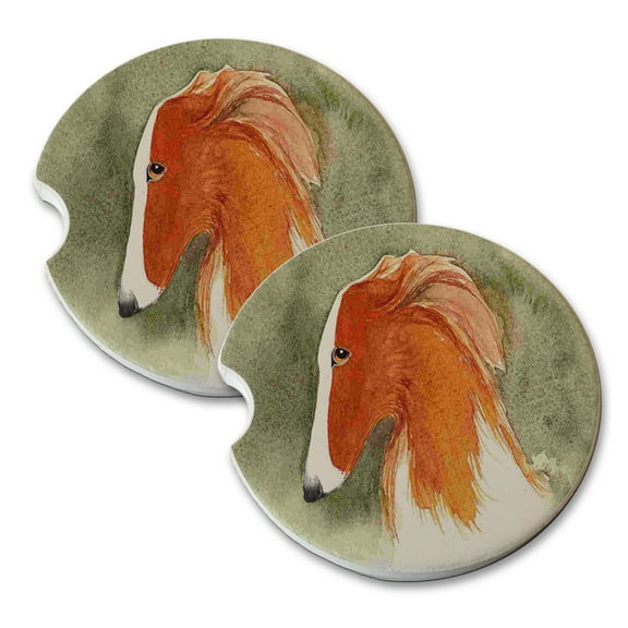 KuzmarK Sandstone Car Drink Coaster (set of 2) - Silken Windhound Sighthound Dog Art by Denise Every