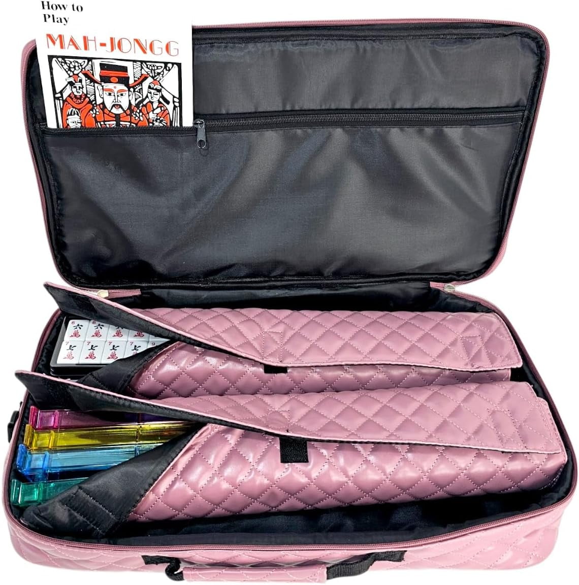 American Mahjong Set Purple Pink - Quilted PU Leather Carrying Bag with Shoulder Strap & Handles, All-in-One Tile Racks with Pushers, 166 Engraved Tiles, Dice, Bettor, Extra Tiles & Instructions