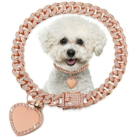 Hillban Dog Chain Gold-Plated MZF22 Diamond Collar with Rhinestones Jewelry Pet ID Tag Chain Bling Collar with Personalized Name Tag for Small Medium Large Dogs Cats(Rose Gold 12 Inch)