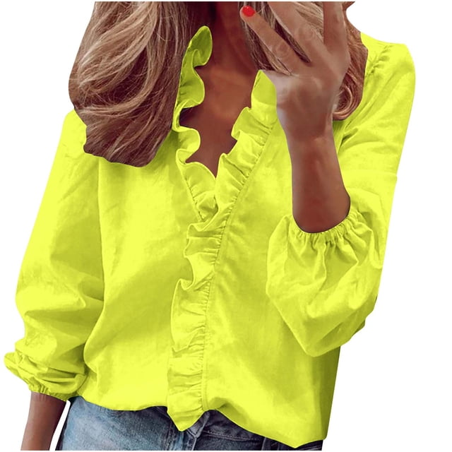 Penkiiy Women’s V Neck Ruffle Front Ruffle Long Sleeve Blouse Top Shirt M Yellow