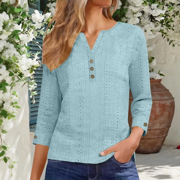 Uootdi 3/4 Sleeve V Neck Womens Tops Eyelet Embroidery Button Shirts Relaxed Fit Comfortable Business Casual Summer Vacation Outfits Gift