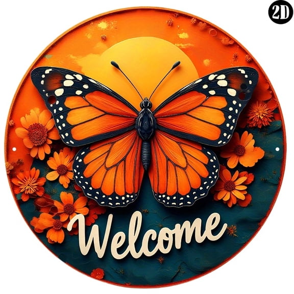 HELLOYOUNG Retro Monarch Butterfly Welcome Sign, 8 Inch Round Aluminum Wall Decor, Rustproof Outdoor Indoor Art for Porch Garden Home Patio Wall Hanging Decor