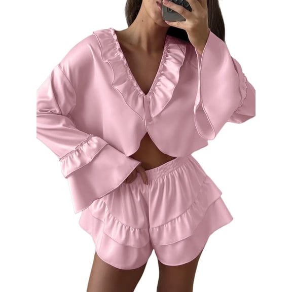 Women Ruffle 2 Piece Sets Long Sleeve Button Down Shirts and Shorts Fashion Sweatsuit Sets Pink S