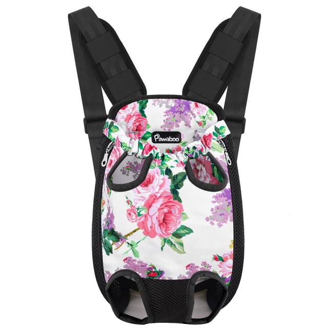 pawaboo mochila transportadora para mascotas, ajustable, frontal para mascotas, mochila transportadora para perros y gatos, bolsa de viaje, con las piernas afuera, fácil de ajustar para viajar, sender, modelo floral blanco con rosas; vista frontal centrada con aberturas para patas y cola, correas acolchadas negras y paneles de malla laterales; uso manos libres delantero o trasero recomendado para mascotas pequeñas (hasta 17 lb).