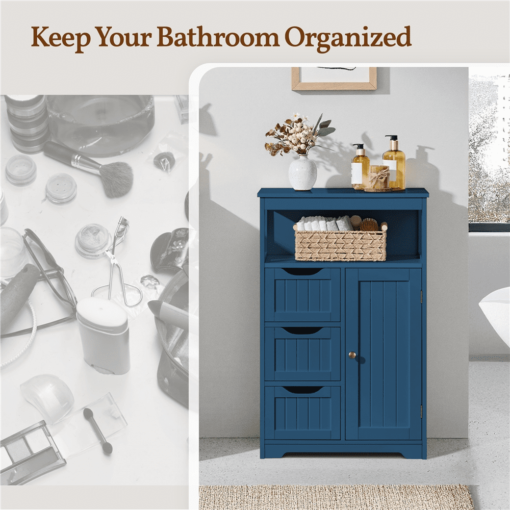 Alden Design Wood Bathroom Storage Cabinet with Open Shelving, Navy Blue, 22"L*12"W*34"H