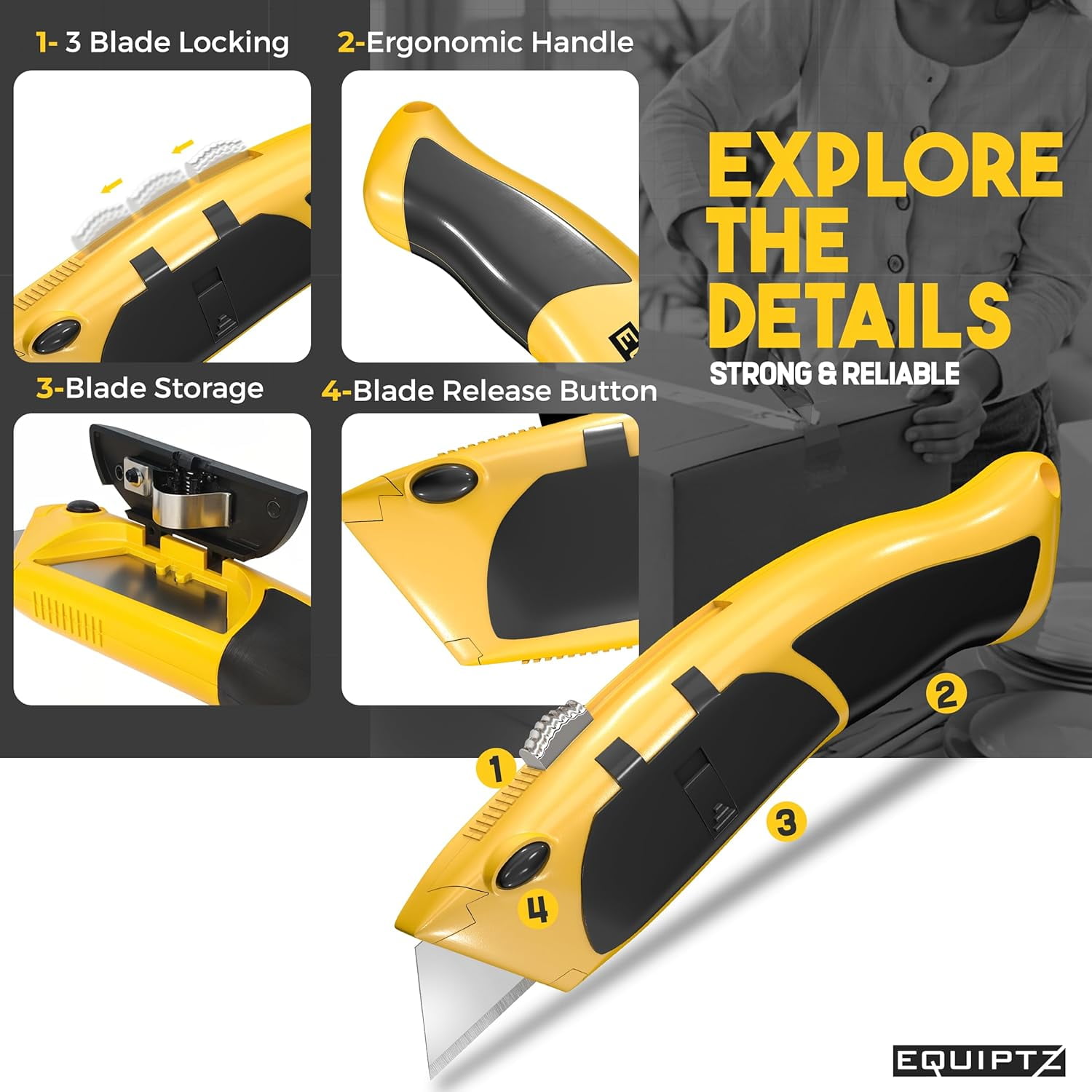 Auto Reload Utility Knife with 10 Preloaded SK5 Blades, Heavy Duty Box Cutter Retractable and Razor Knife with Non-Slip Handle and Lanyard Hole