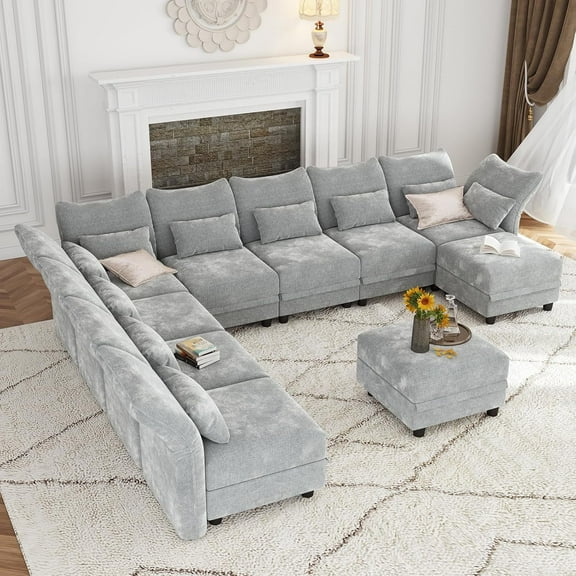 LLappuil Modular Sectional Sofa, 10 Seat Modular Sectional Sofa with 2 Storage Ottoman, 25.6 Deep Seat Chenille Sofa Gray
