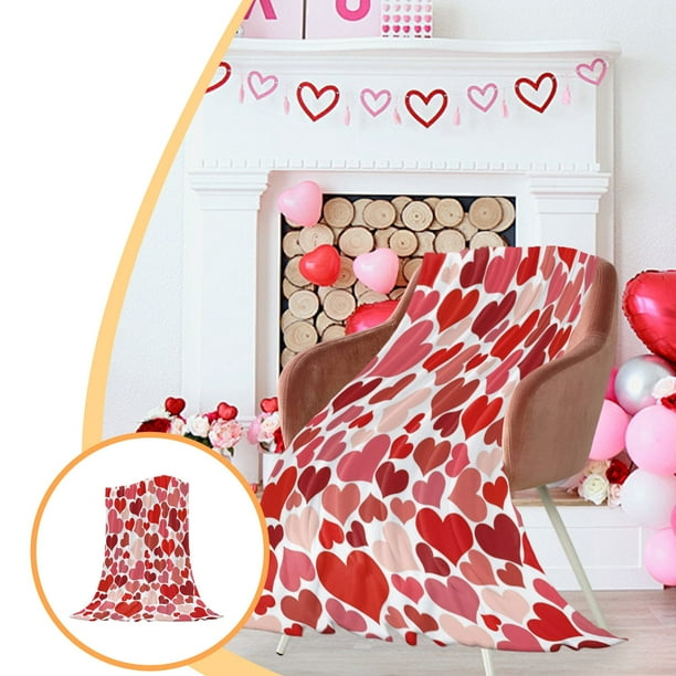 Manta de Franela para San Valentín, Suave, Cálida y Acogedora, Color Rojo, Rosa y Blanco, de 99 X 130 Cm, con Diseño de Corazón Romántico, Ideal Como Regalo para Parejas y Amantes.