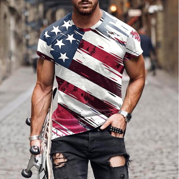 Goodtrade8 July 4th Tshirts for Men Short Sleeve Red White and Blue Pullover Summer Patriotic Independence Day Crew Neck Mens Tops Outdoor