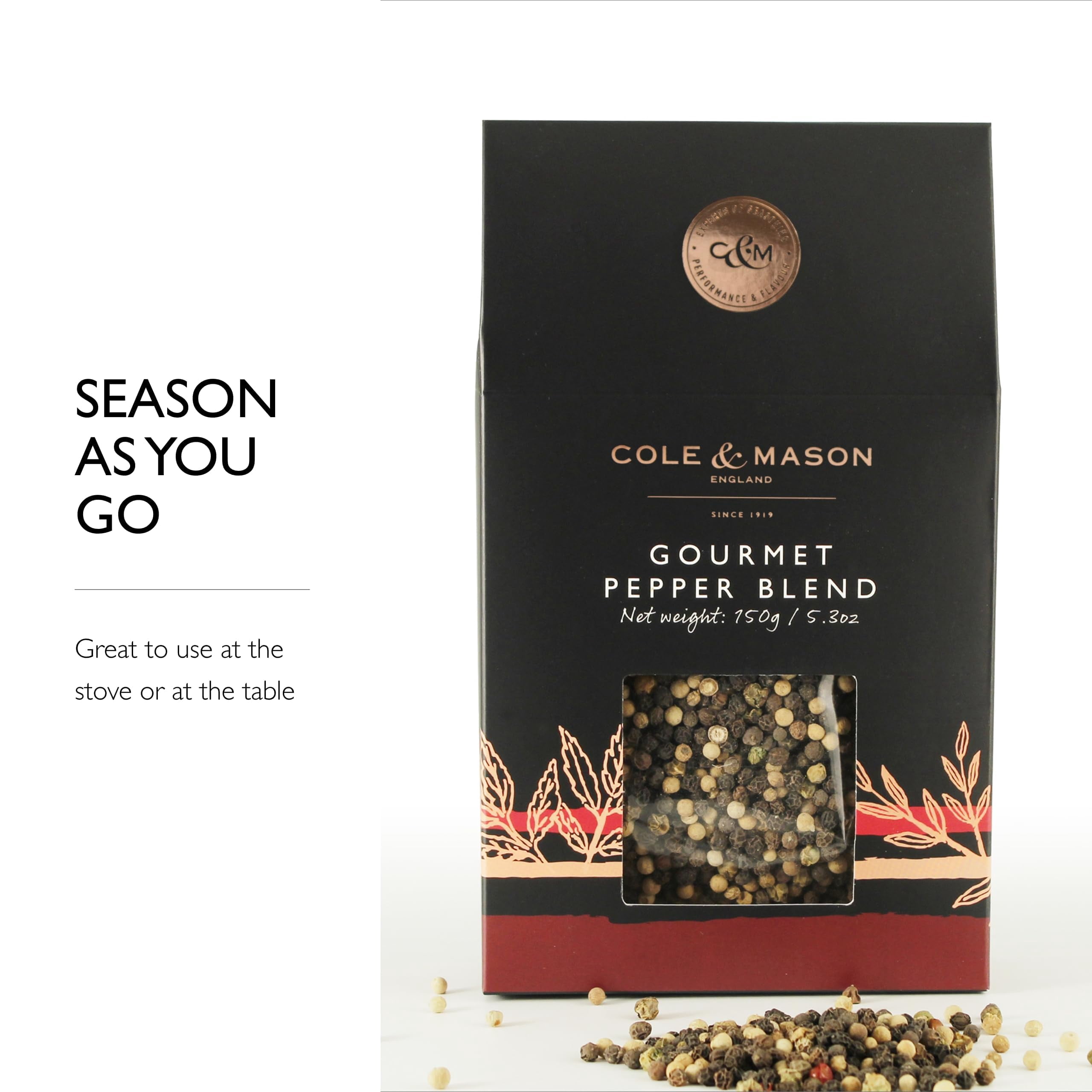 Cole & Mason Gourmet Spice Refill Box - Pairs Well with Chicken, Beef, Pork & More - Peppercorn Refill for Pepper Mill Grinder - Gourmet Pepper 5.3 Oz Box