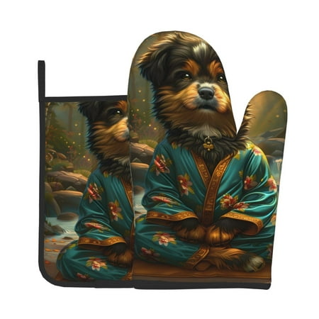 

Xecao Creekside Meditating Puppy Pattern Oven Mitts and Pot Holders Sets Heat Resistant Silicone Oven Mittens Extra Thicken Long Kitchen Cotton Oven Glove for Cooking