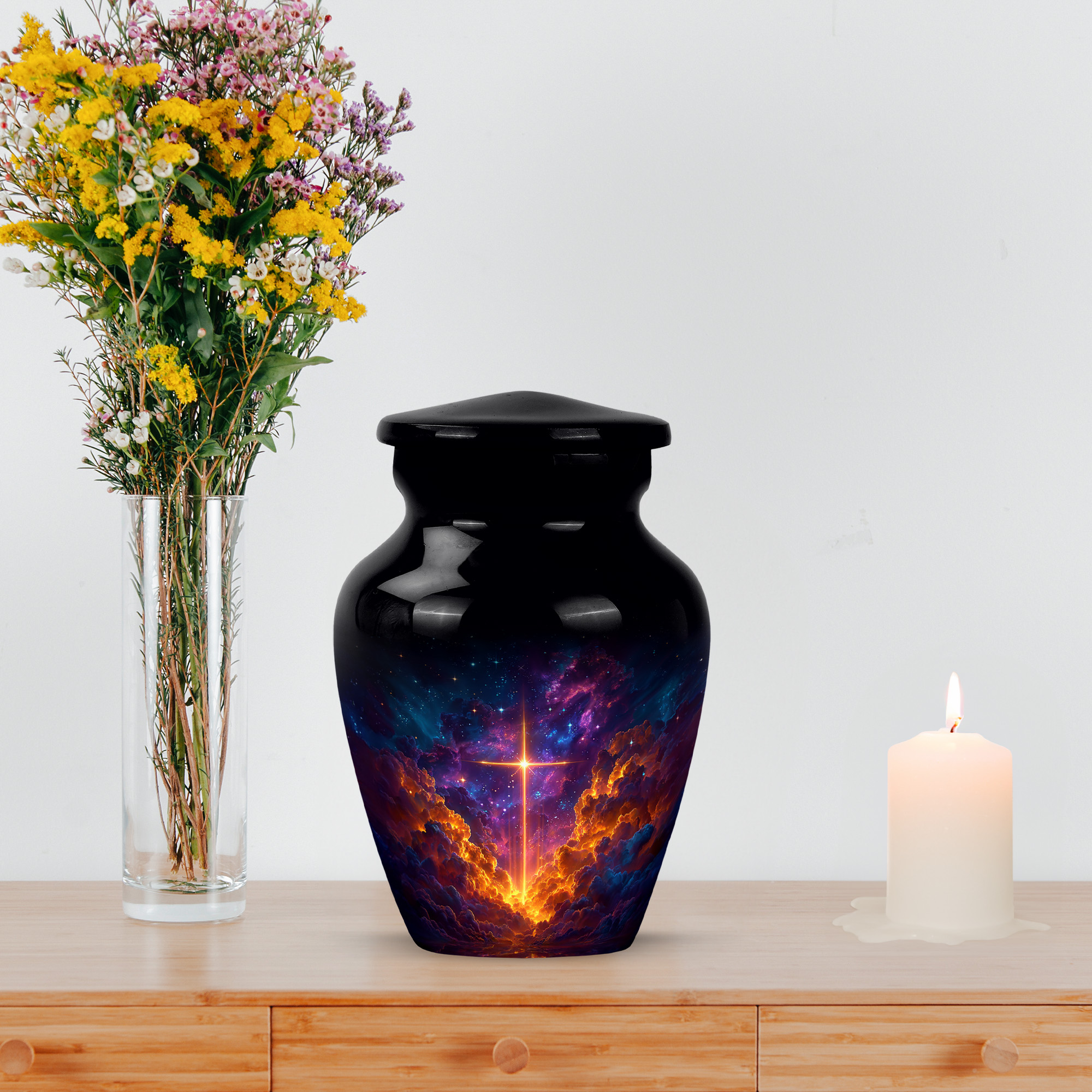 MUKTIVE Cross Tiny Burial Urns for Human Ashes Adult Man, Mini Black Cremation Urns for Adult Ashes Women, Tiny Purple Galaxy Memorial Urn for Mom, Decorative Funeral Urn for Dad, 3 Inch