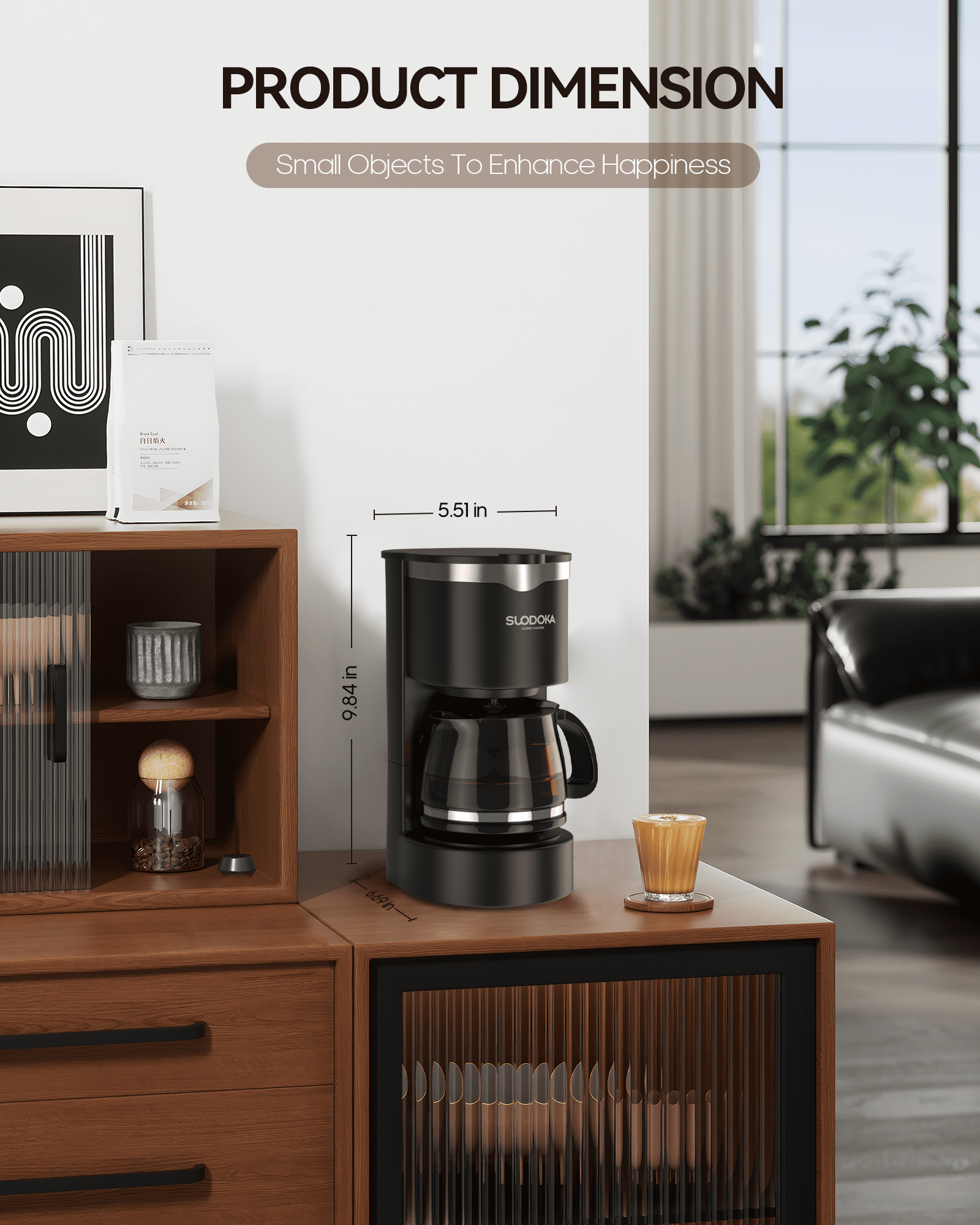 Suodoka Drip Coffee Maker, Easy Brew Compact Size, with Glass Carafe, Removable Filter, Black, New