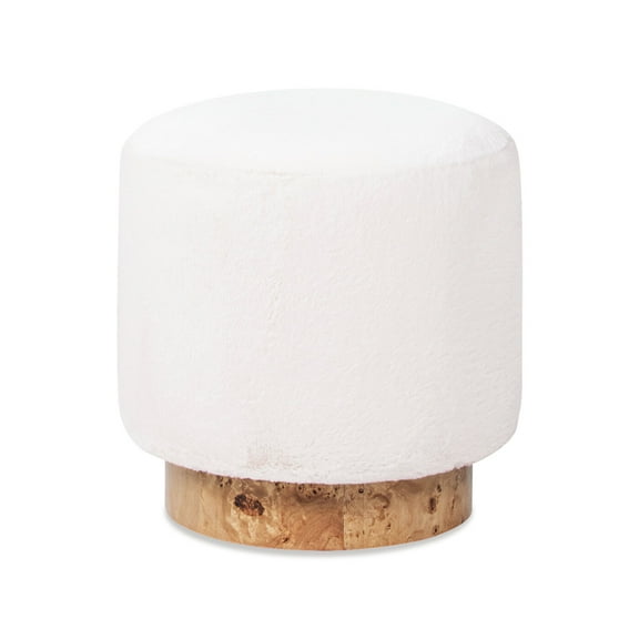 Ottomans With Storage Tilly 16.5" Round Fur Upholstered & Burl Pouf Ottoman, Cottontail White Faux Fur,Large Ottomans