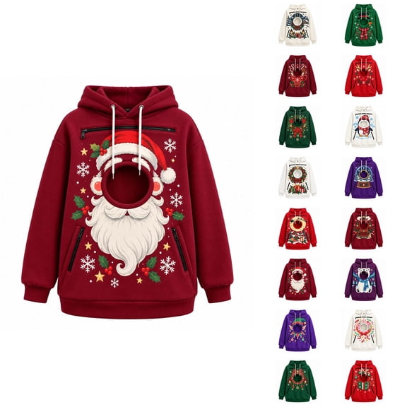 Christmas Pet Pouch Hoodie Women Men Long Sleeve Festive Graphic Loose Casual Pullover Sweatshirt Dog Cat Carrier Hoodie