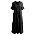 thumbnail image 5 of Feancey Womens Cotton Linen Maxi Dress Solid Color V Neck Short Sleeve Loose Casual Dresses Lightweight Breathable Beach Dress with Pockets for Summer Black XXL, 5 of 10